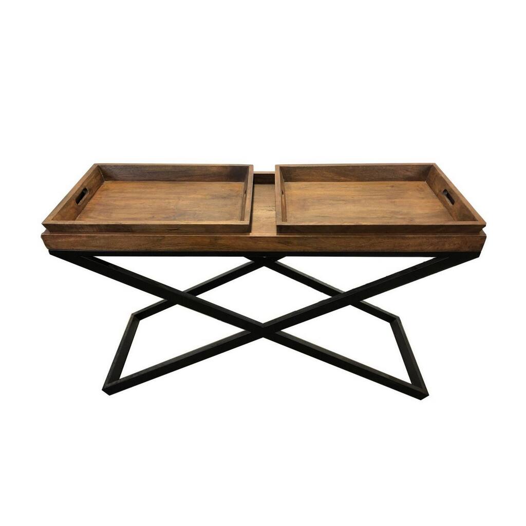 47 Inch Console Table Wooden Square Tray Top Crossed Black Iron Base