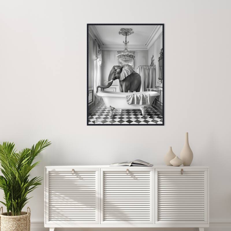 A Bathroom Occupied Elephant by Niky Rahner Framed Canvas Wall Art