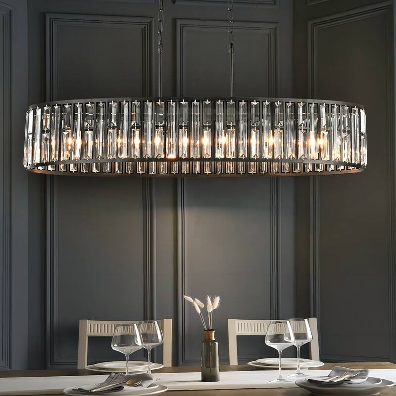 6-Light Modern Vintage Black Crystal Chandelier with Curved Drum Frame, Rectangular Island Pendant Light