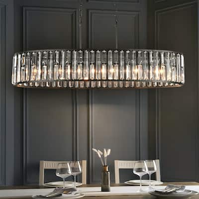 6-Light Modern Vintage Black Crystal Chandelier with Curved Drum Frame, Rectangular Island Pendant Light