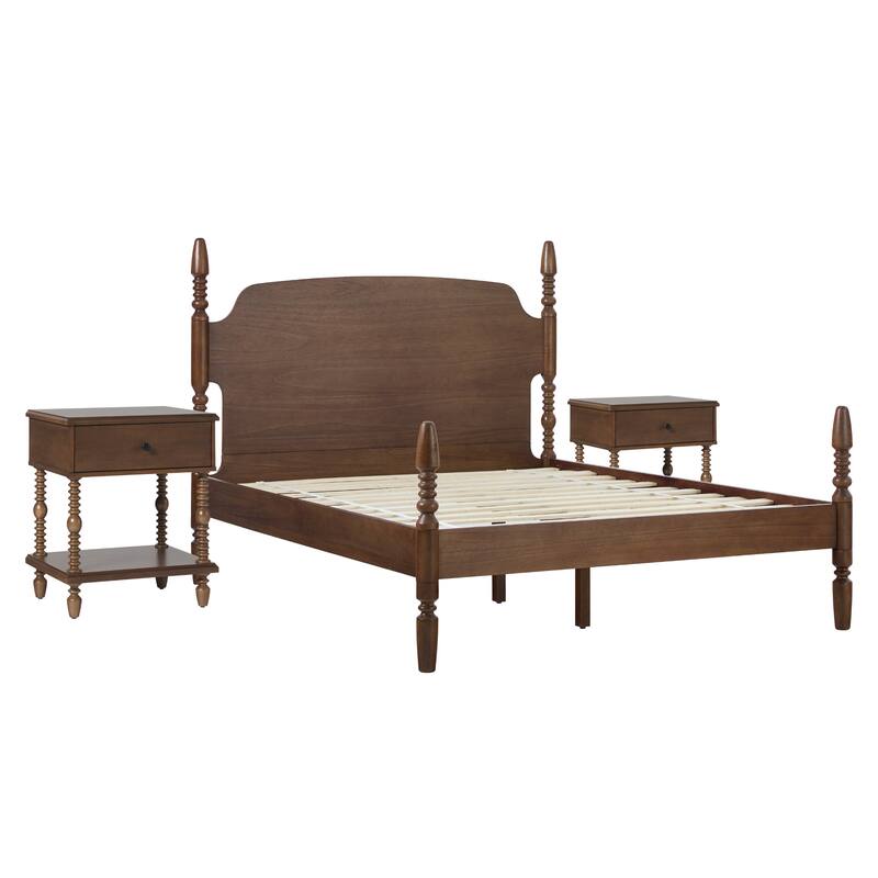 Walker Edison Spindle Queen Bed with 1-Drawer Nightstands Bedroom Set