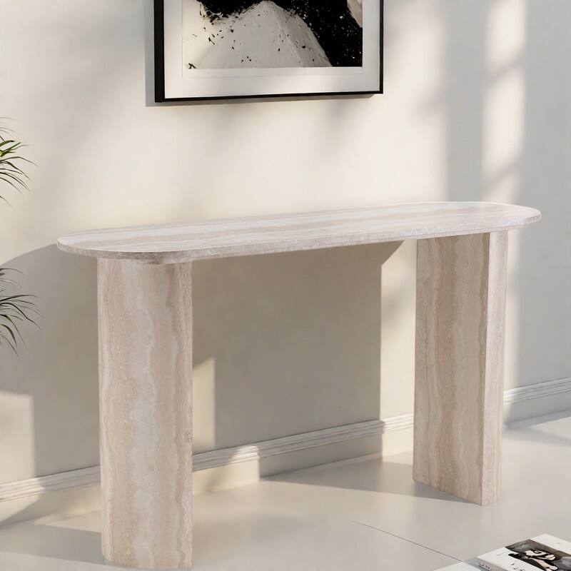55.12" MDF Modern Faux Marble Console Table - Round Edge Design & Sturdy MDF Pedestal Base - marble