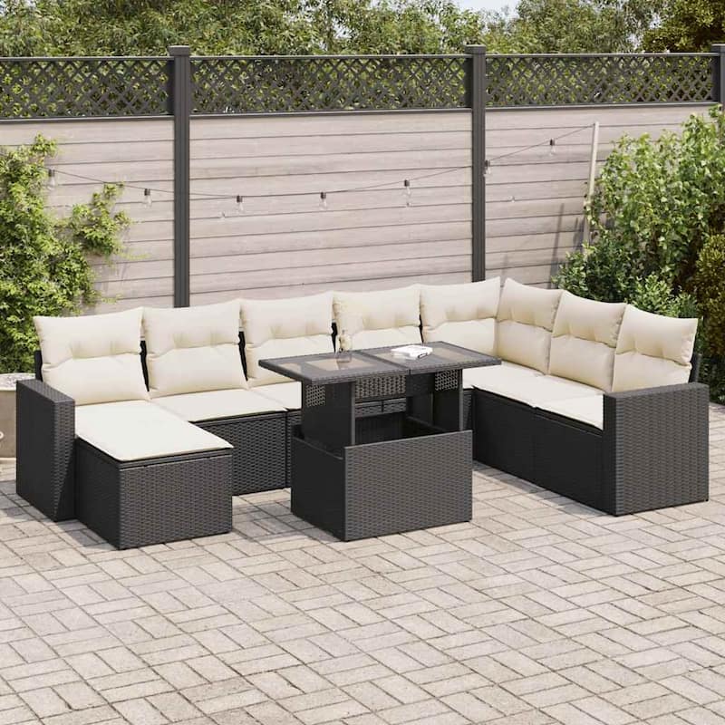 vidaXL Patio Sofa Set with Cushions Outdoor Furniture 9 Piece Poly Rattan - Black and Cream-with storage - 21.7 x 39.4 x 28.7