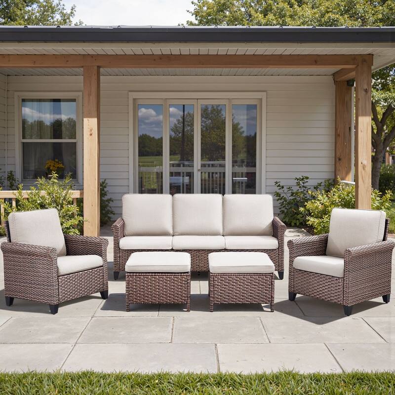 Pocassy Outdoor Sofa with Patio Chairs Funiture Set - 5PCS Sofa Patio Chair w/ Ottoman - Brown Wicker Blue Cushion