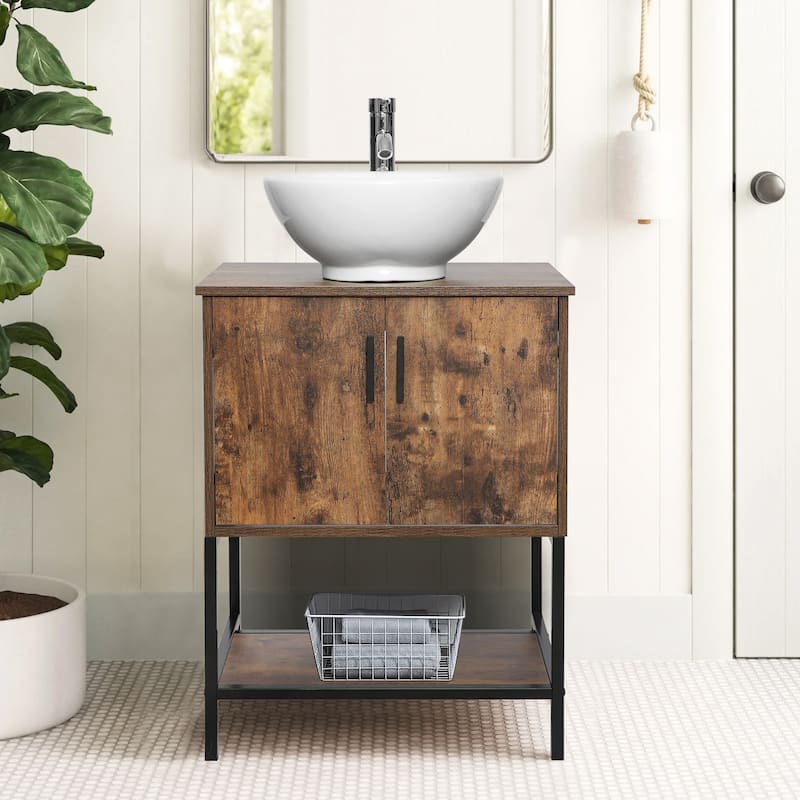 24" Bathroom Vanity Sink Set Brown Free-standing Manufactured Wood with Sink Faucet Drain Combo - white ceramic round sink