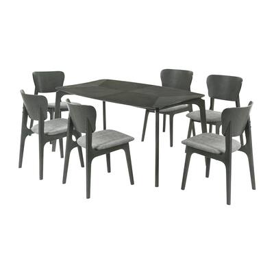 Kalie 7 Piece Dining Table Set with 6 Chairs, Gray Fabric Upholstery