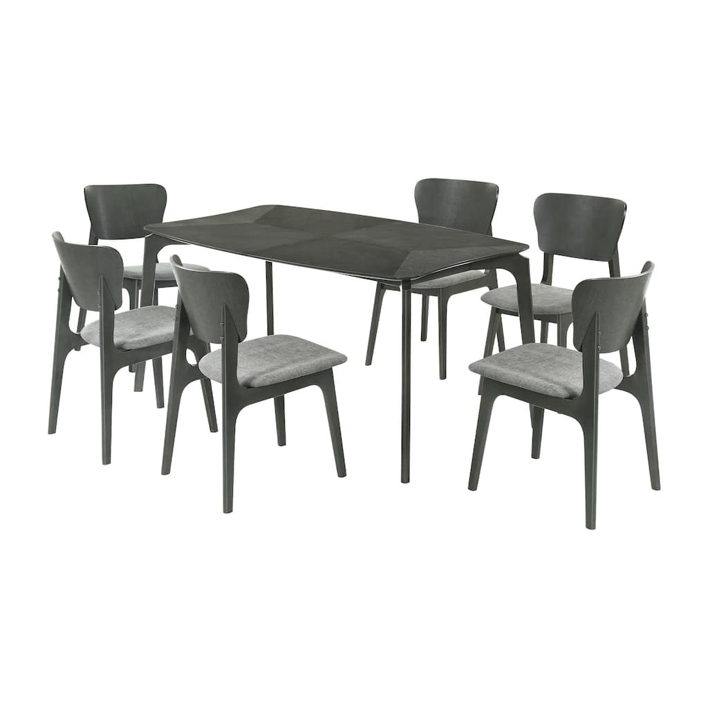 Kalie 7 Piece Dining Table Set with 6 Chairs, Gray Fabric Upholstery