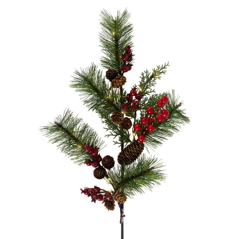 Lighted Pinecone, Berry and Pine Christmas Spray - 27" - Warm White