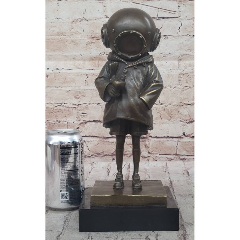 Space Girl And Bird After Banksy - Bronze Sculpture Statue On Marble Base