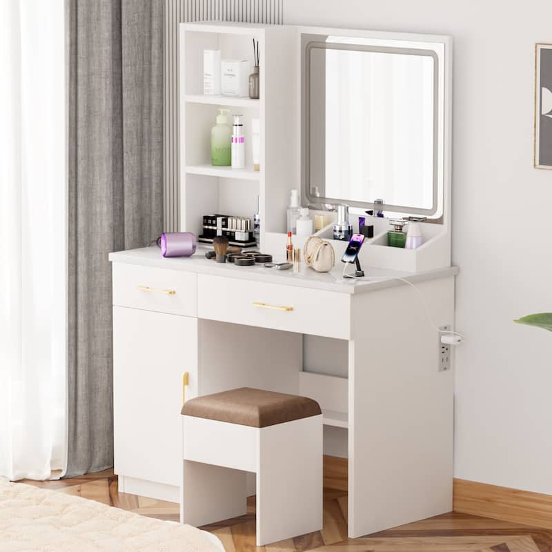 White LED Lighted Makeup Vanity Desk with Large Mirror Drawers Shelves and Built in USB Charging Station