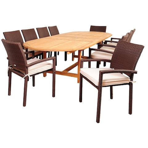 Amazonia Hillside 11-Piece Outdoor Dining Set Teak Wicker Patio Furniture with Off-White Cushions