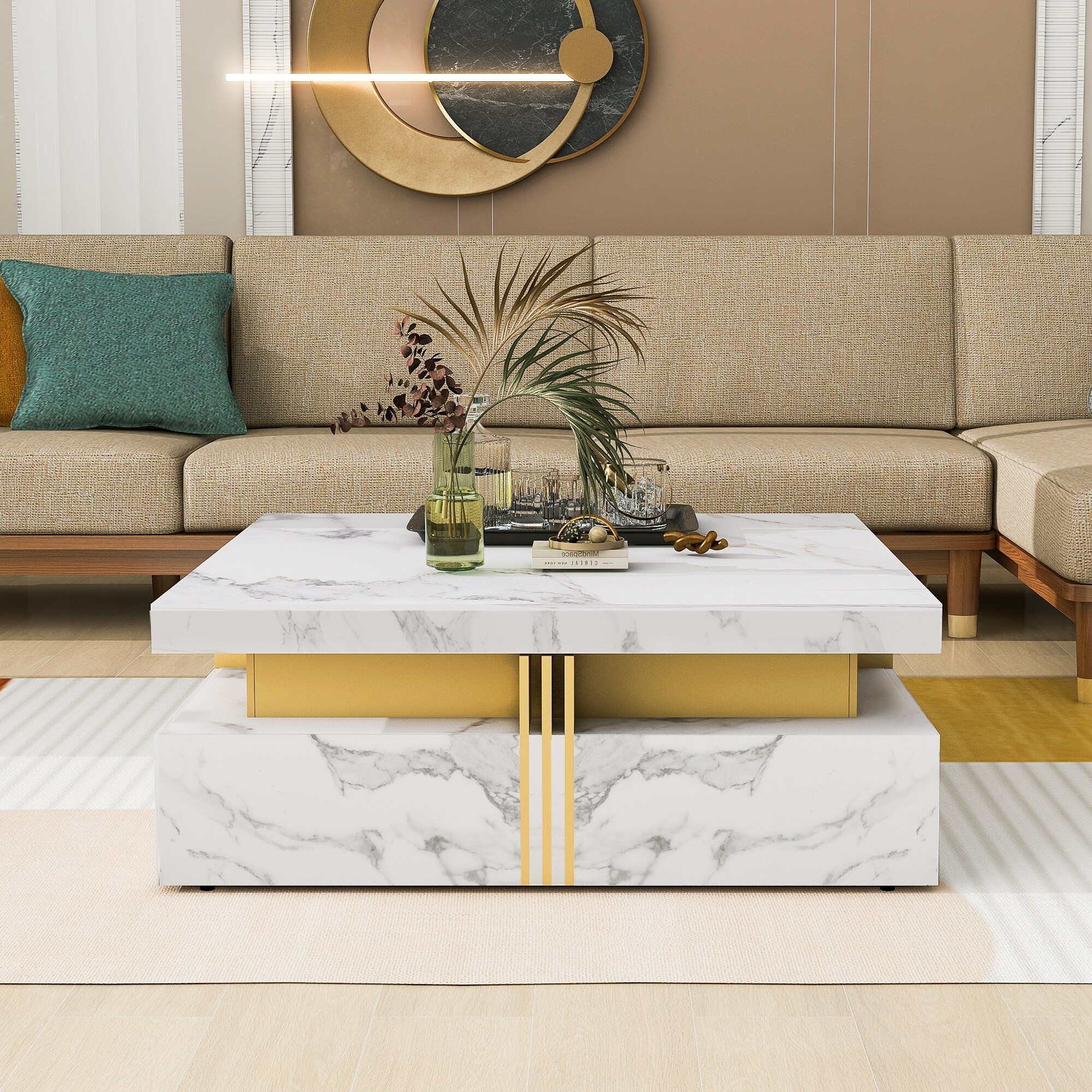 Modern High Gloss Coffee Table with 4 Drawers Luxus Tea Table with Storage Center Tables Hidden Compartment Open Shelve White