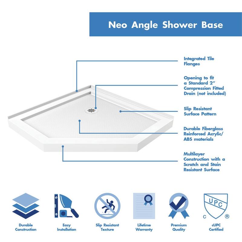 DreamLine SlimLine 42 in. D x 42 in. W x 2 3/4 in. H Neo-Angle Shower Base - 42" x 42" - White Base