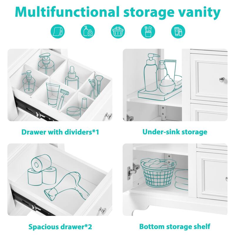 Modern 30" Bathroom Vanity Cabinet with Storage, Rectangular Ceramic Basin, and Soft-Close Design