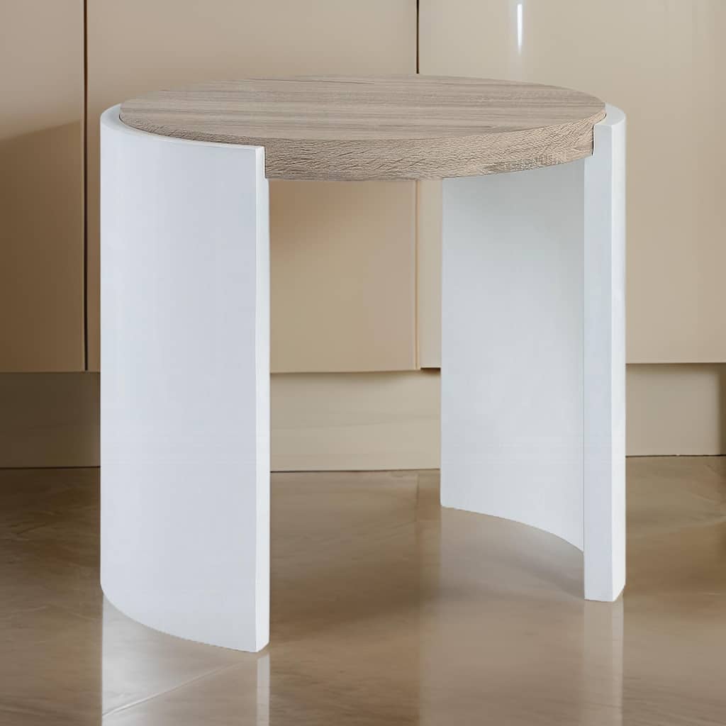 Romani Side End Table, White High Gloss Wood, Brown Top, Oval 26 Inch