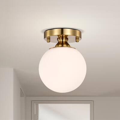 Gold Semi Flush Mount Ceiling Light with Milk Globe Glass for Hallway