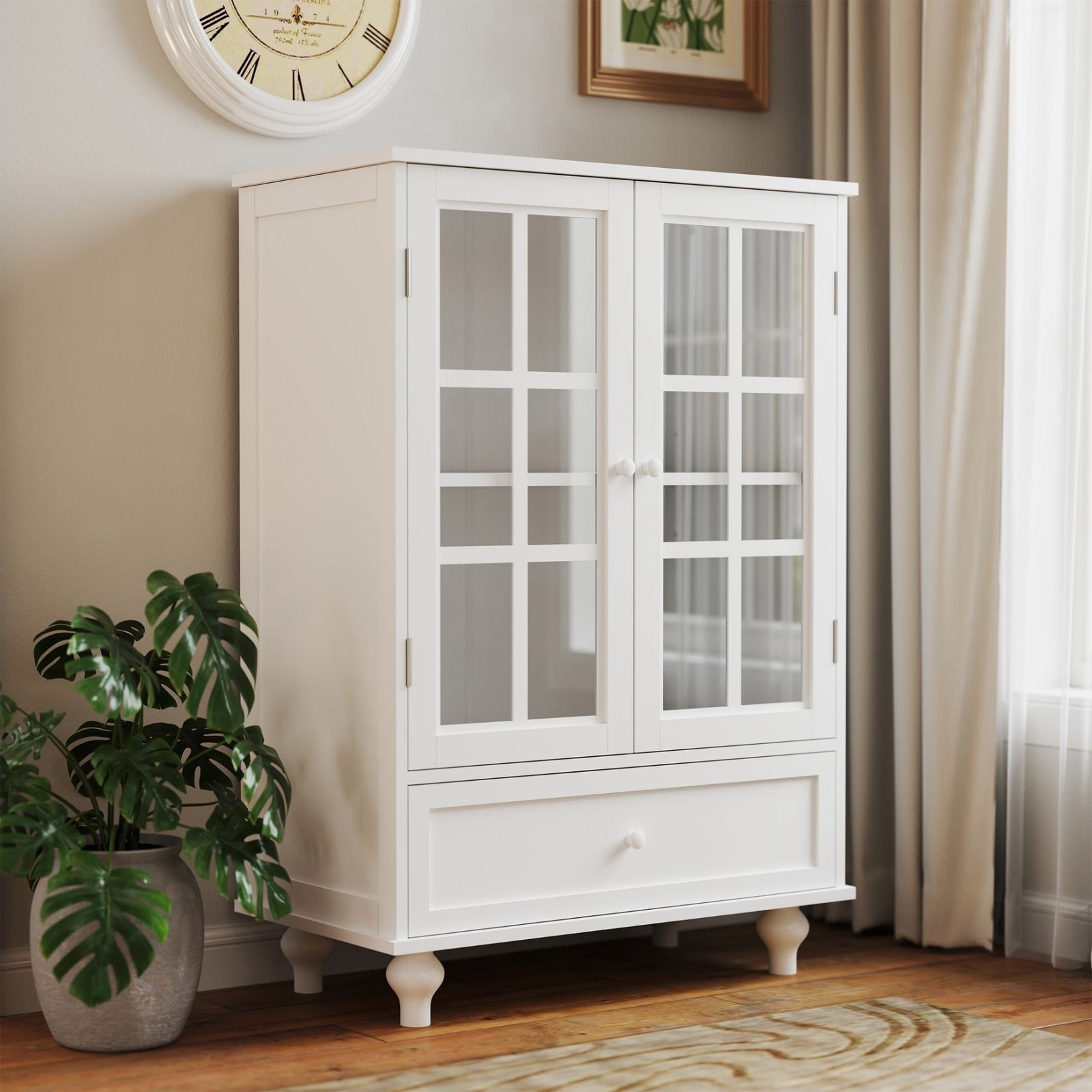 White Double Glass Door with Drawers Freestanding Storage Unit