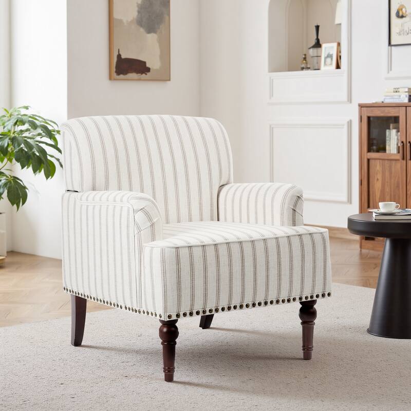 Linen Accent Chairs Nailhead Trim Armchairs with Wooden Legs