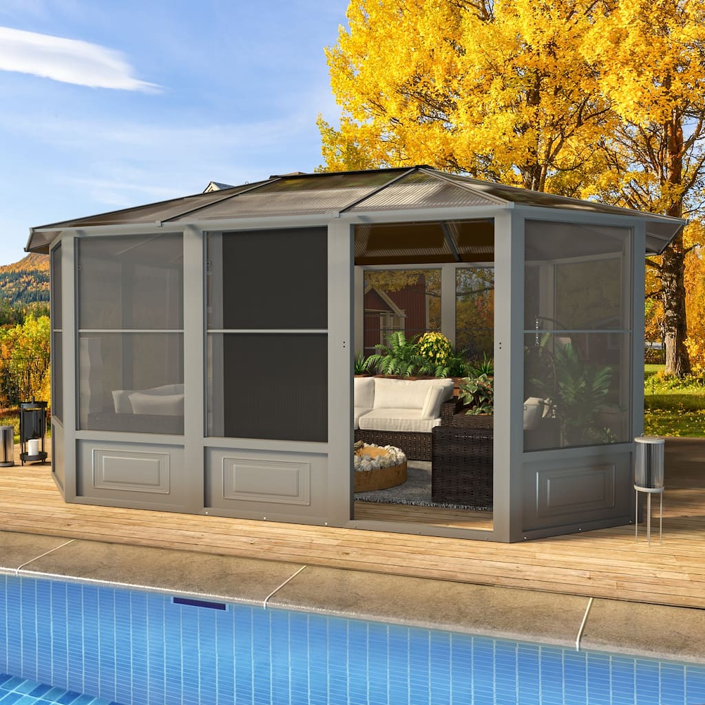 EROMMY 12' x 15' Solarium Sunroom, Aluminum Frame Permanent Gazebo with Sliding Doors and Screens, Ideal for Garden, Patio