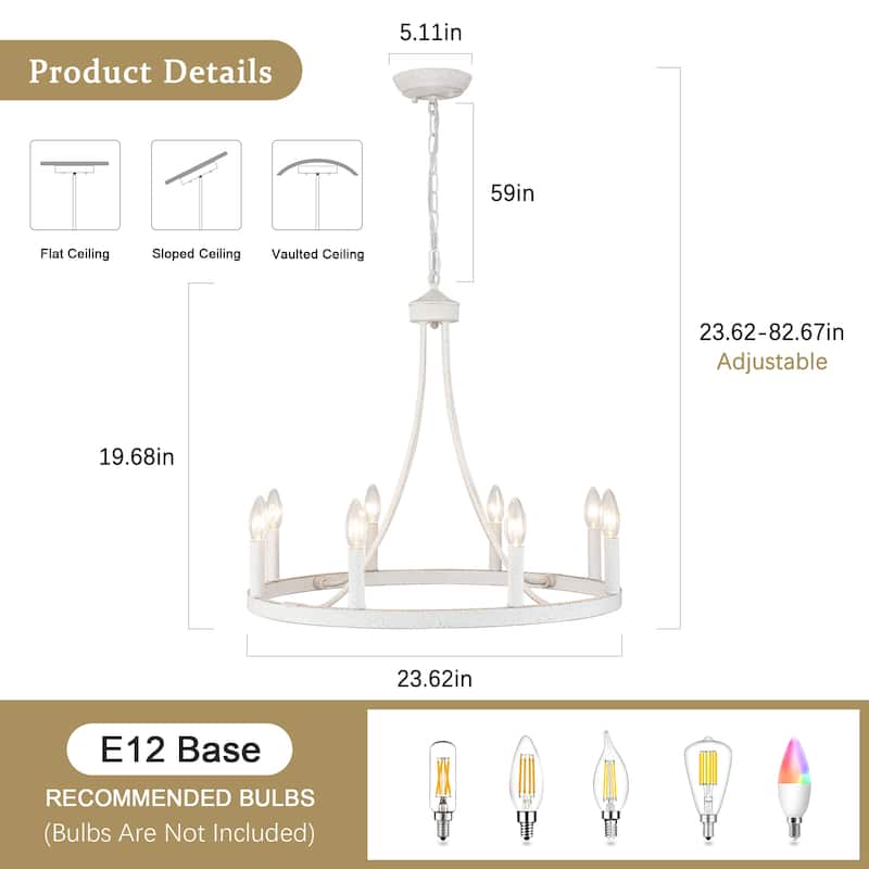 8-Light W23.6" x H82.67" Vintage Rustic Wagon Wheel Chandelier for Living Room