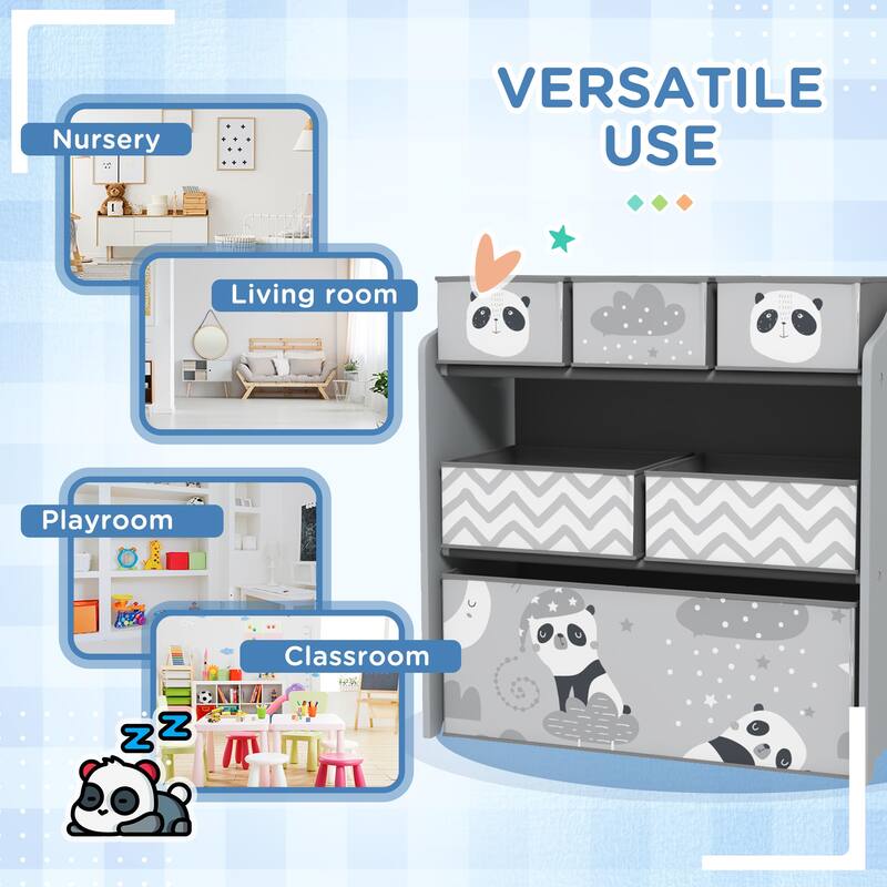 6-Bin Grey MDF Toy Storage Organizer Shelf with Teddy Design for Kids Books and Clothes - 24.75" L x 11.75" W x 26" H