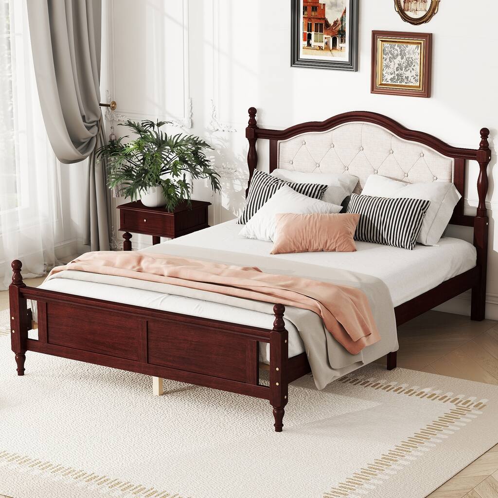 Cherry Queen Size Pine Platform Bed with Upholstered Headboard and Panel Footboard