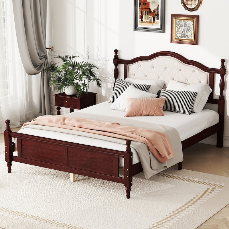 Queen Pine Wooden Bed with Upholstered Headboard and Panel Footboard, Cherry Finish - Cherry