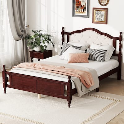 Queen Size Pine Wooden Platform Bed with Upholstered Headboard