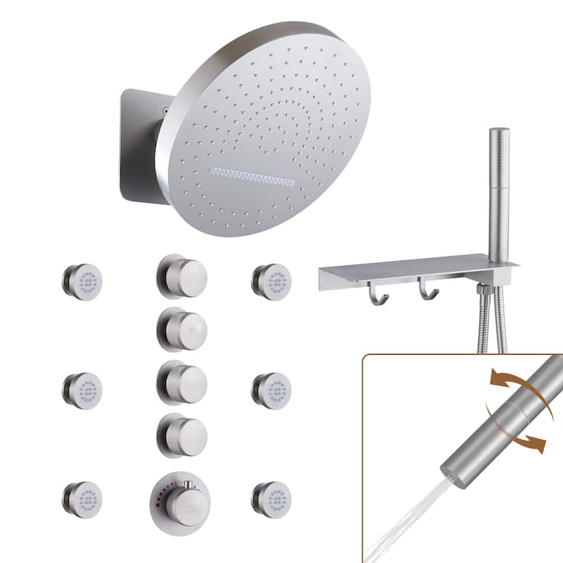 CASAINC Thermostatic 4 Functions 12 inch Rainfall Showerhead with Handheld Spray & 6 Body Jets Set Rain Shower System