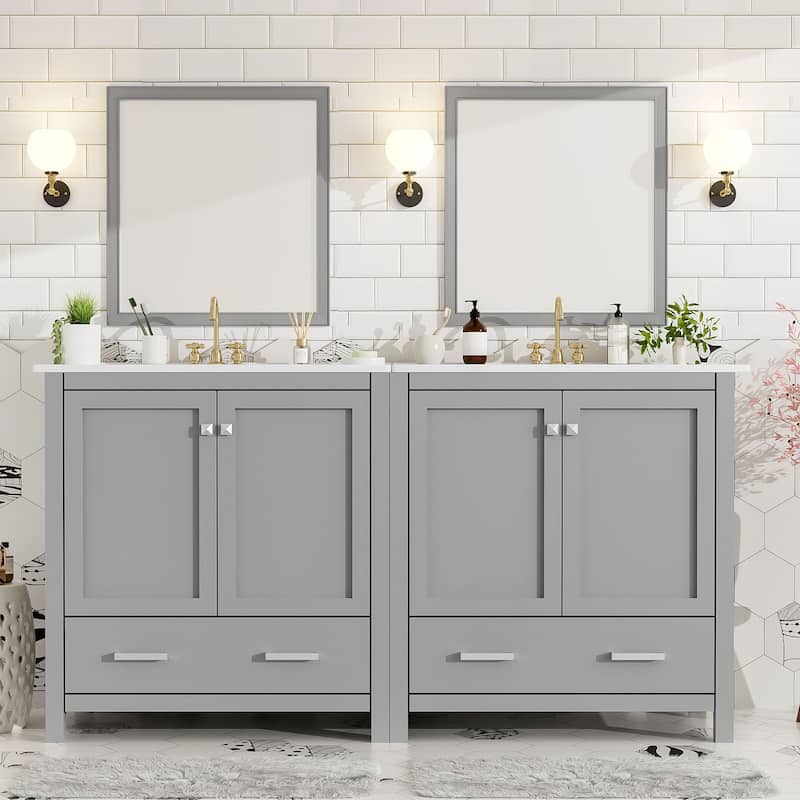 60 Inch Bathroom Vanity with Double Ceramic Sinks, 4 Doors, 2 Drawers, and Divided Storage - Freestanding Design - Grey