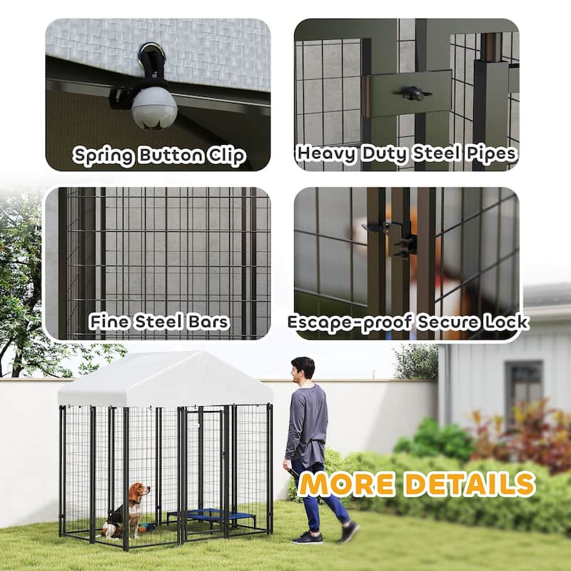 Silver-Black Steel Outdoor Dog Kennel with PE Cover and Secure Door - 70.8"W x 48"D x 72"H