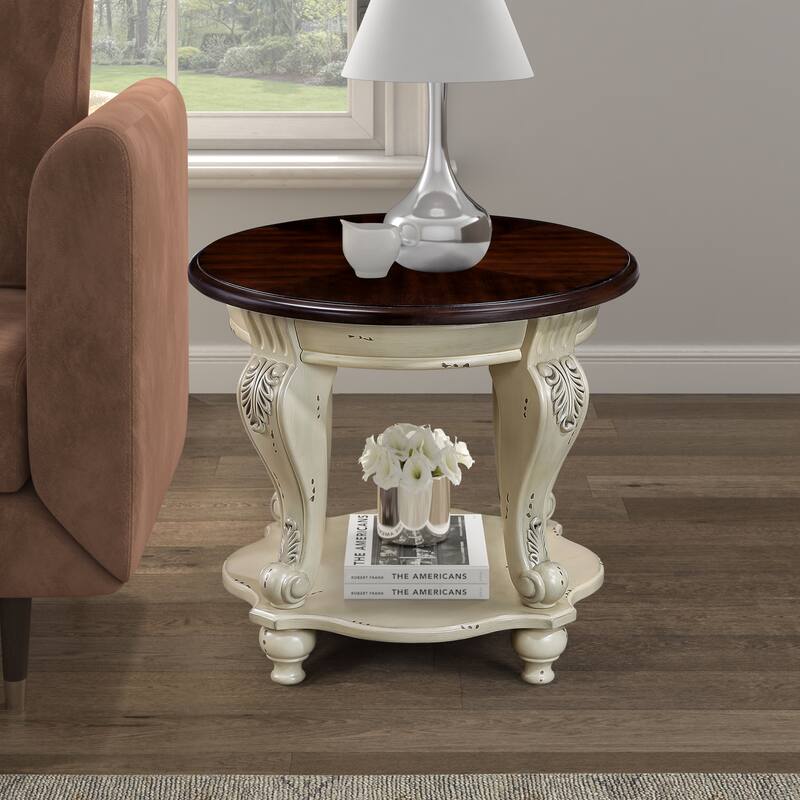 22" Retro Round End Table,Solid Wood Sofa Side Table with Shelf,Living Room Corner Table Easy Assemble