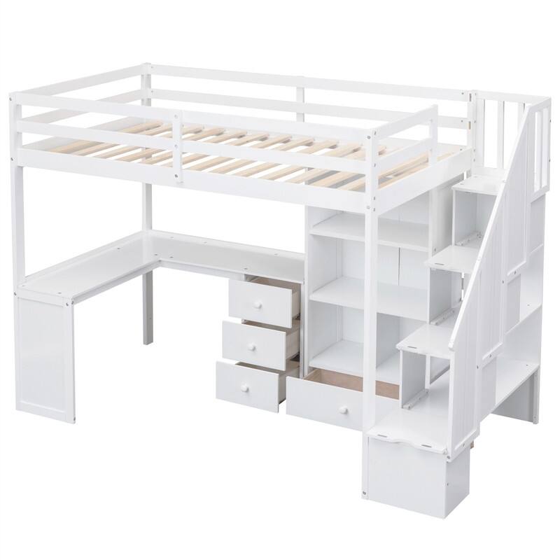Multifunctional Wood Twin Size Loft Bed with L-Shaped Desk and Storage Staircase, Loft Bed Frame with Cabinet and Drawers