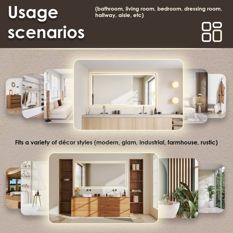 Apollo Rectangular Anti-Fog Dimmable Modern Bathroom/Vanity LED Lighted Wall Mirror in Brushed Gold Aluminum Framed