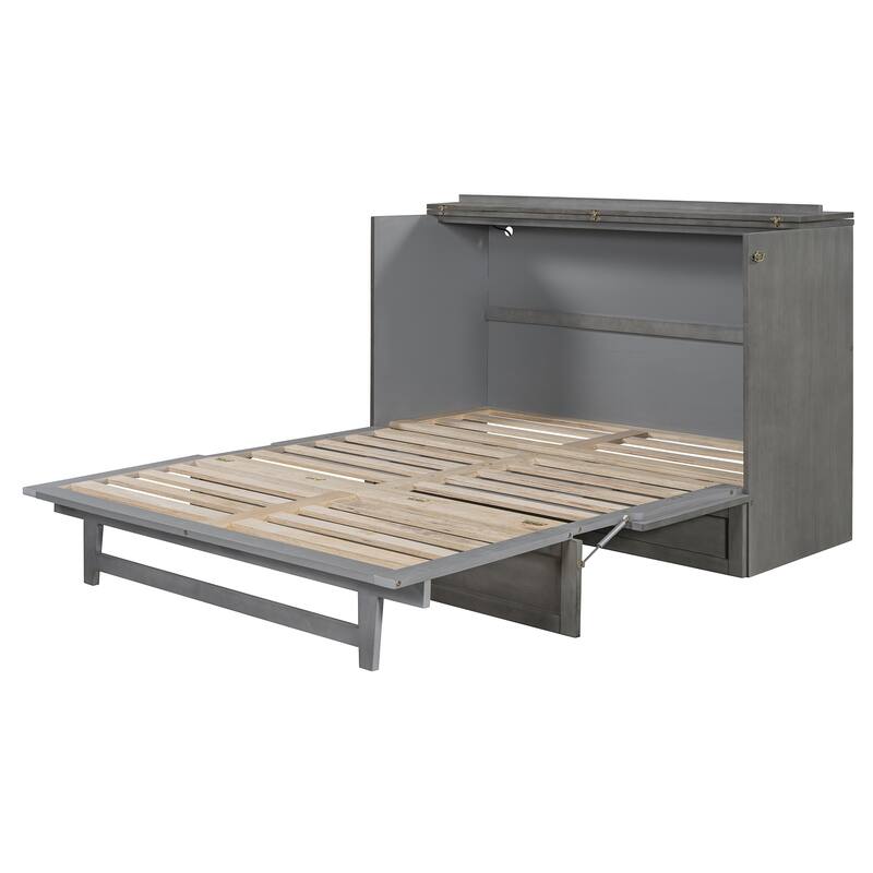 Queen Size Space-Saving Murphy Bed with Storage Drawers and USB Ports, Brushed Gray