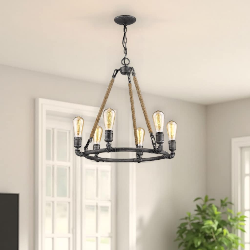 HomeRoots Brown and Black Candle Style Six Light Metal Dimmable Chandelier - 28.25' X '30' X '28.25