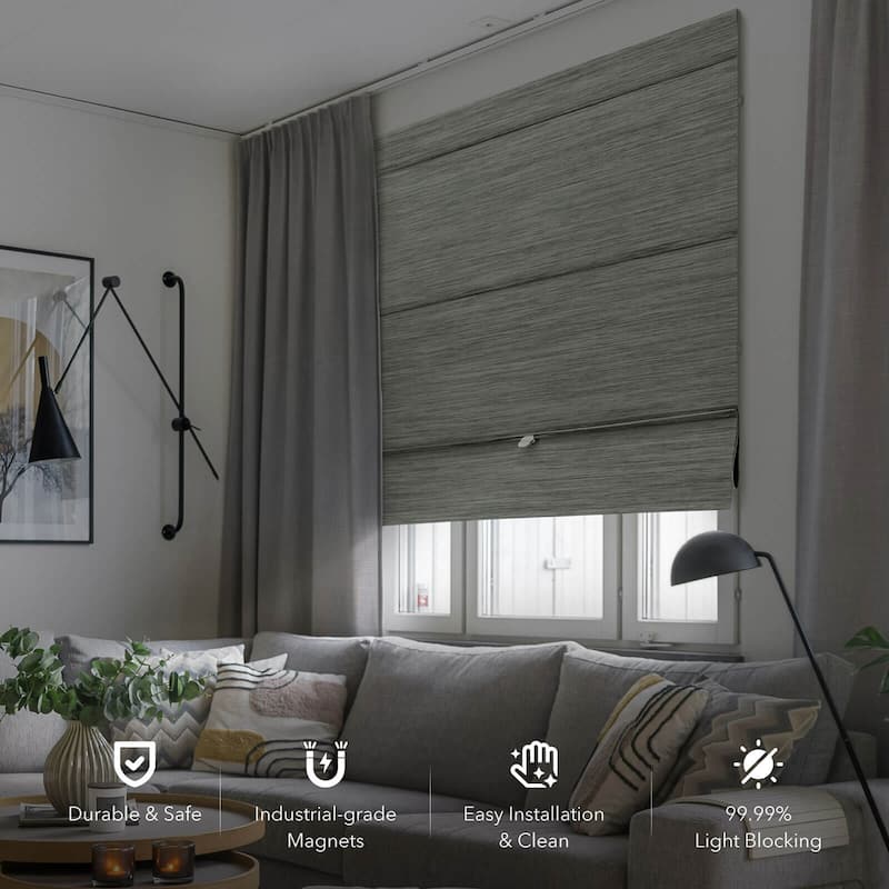 GoDear Design 99.99% Blackout Magnetic Roman Shades, No Drill Cordless Woven Fabric Blinds 23", 37", 35", 46" W, Iron. - Iron-23''W