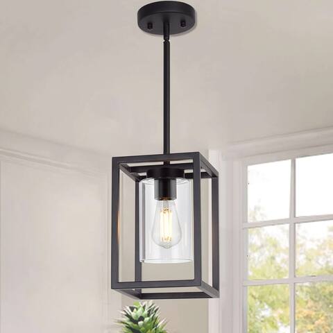 1-Light Single Square/Rectangle Pendant Light with Clear Glass Shade