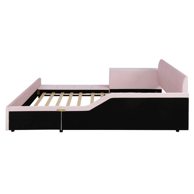 Queen Size Velvet Upholstered Platform Bed with Bedside Desk and Stool, Pink