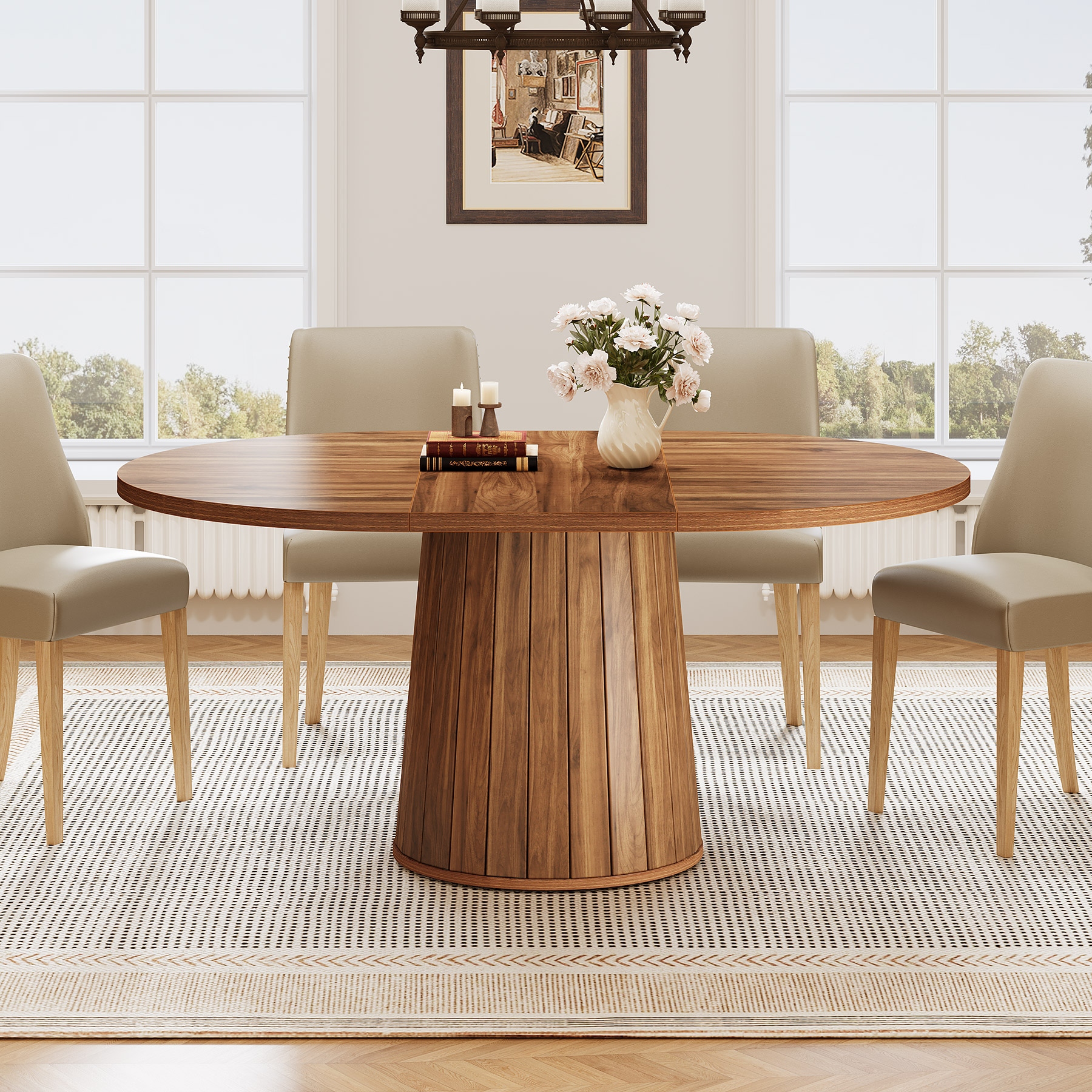 Brown Finish Manufactured Wood 6 Person Dining Table with Polygonal Cylinder Wooden Base 55.11 L x 39.37 W x 29.92 H N A