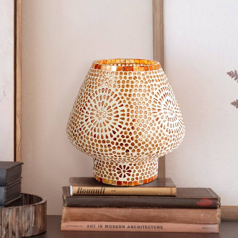 Glass Mosaic Table Lamp with Inline Switch, Copper Finish, White - 9.0"L x 9.0"W x 9.0"H