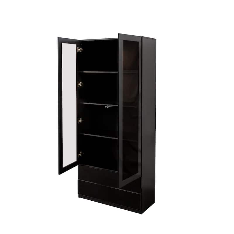Display Curio Cabinet with Glass Doors, 2-Drawer & LED Lights