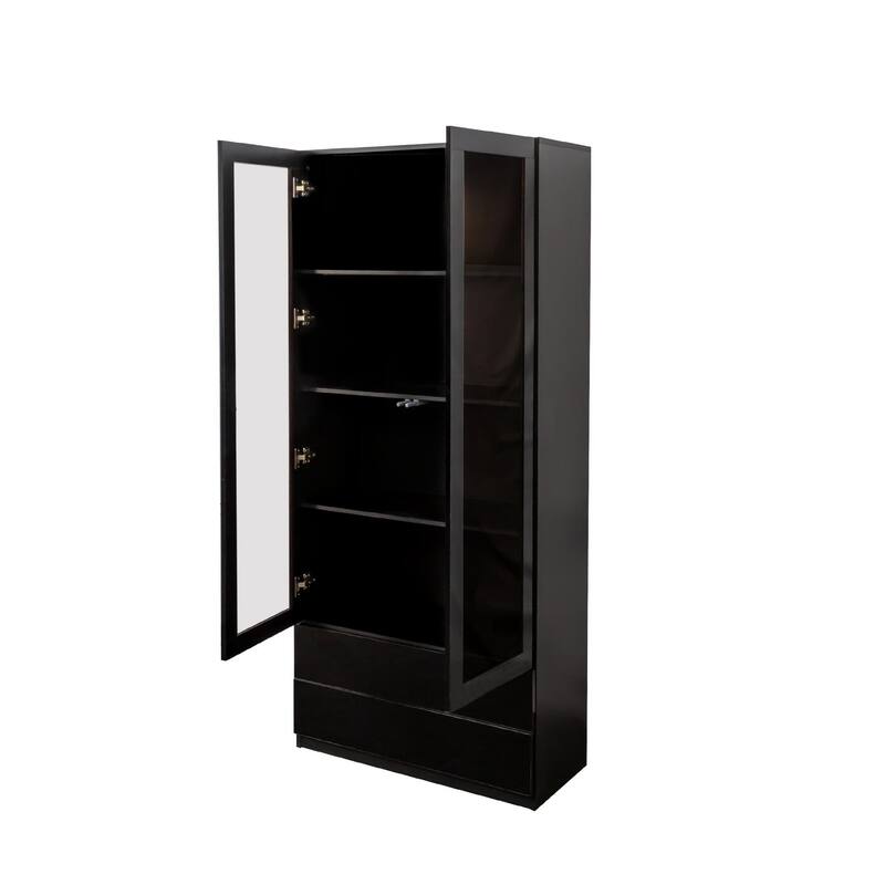 GDF Studio - Poll Modern 70.87" Tall Display Cabinet with Glass Doors, LED Lights, and Drawers - 2-Drawer