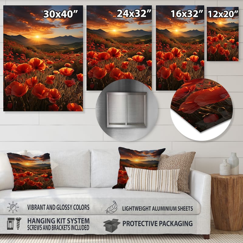 Designart "Coral Wildflowers Fields Of Dreams" Wildflowers Metal Wall Art Living Room