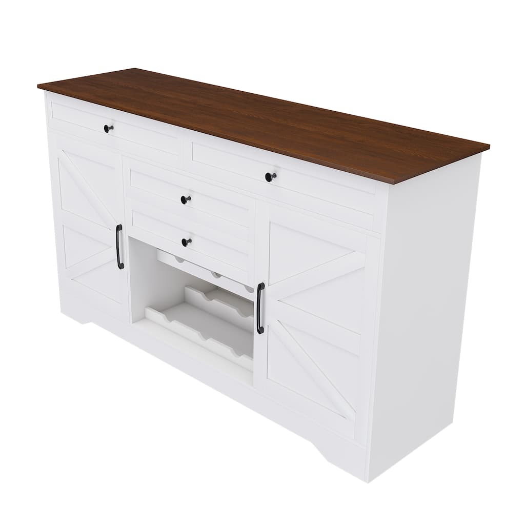 White Kitchen Island with Storage Drawers Cabinets Wine Rack and Wood Grain Countertop Multipurpose