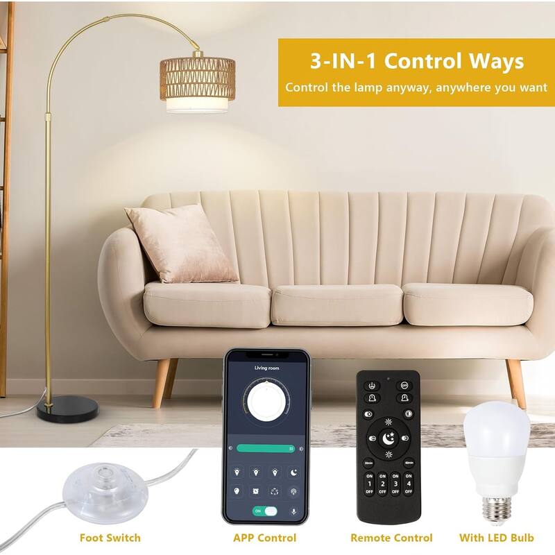 Arc Floor Lamp,Rattan & Linen Shades,Adjustable Height Floor Lamp with Remote & Dimming Bulb,Standing Lamp,3 Color Temperatures