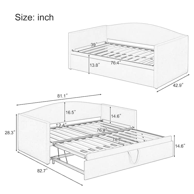 Twin Size Velvet Upholstered Daybed with Extended Pop Up Trundle Bed Convertible King Sofa Bed Frame, Space-Saving Twin to King