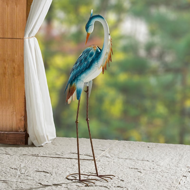 Glitzhome Metal Standing Crane Flamingo Garden Statue with Stakes Yard Art Sculpture Porch Decor