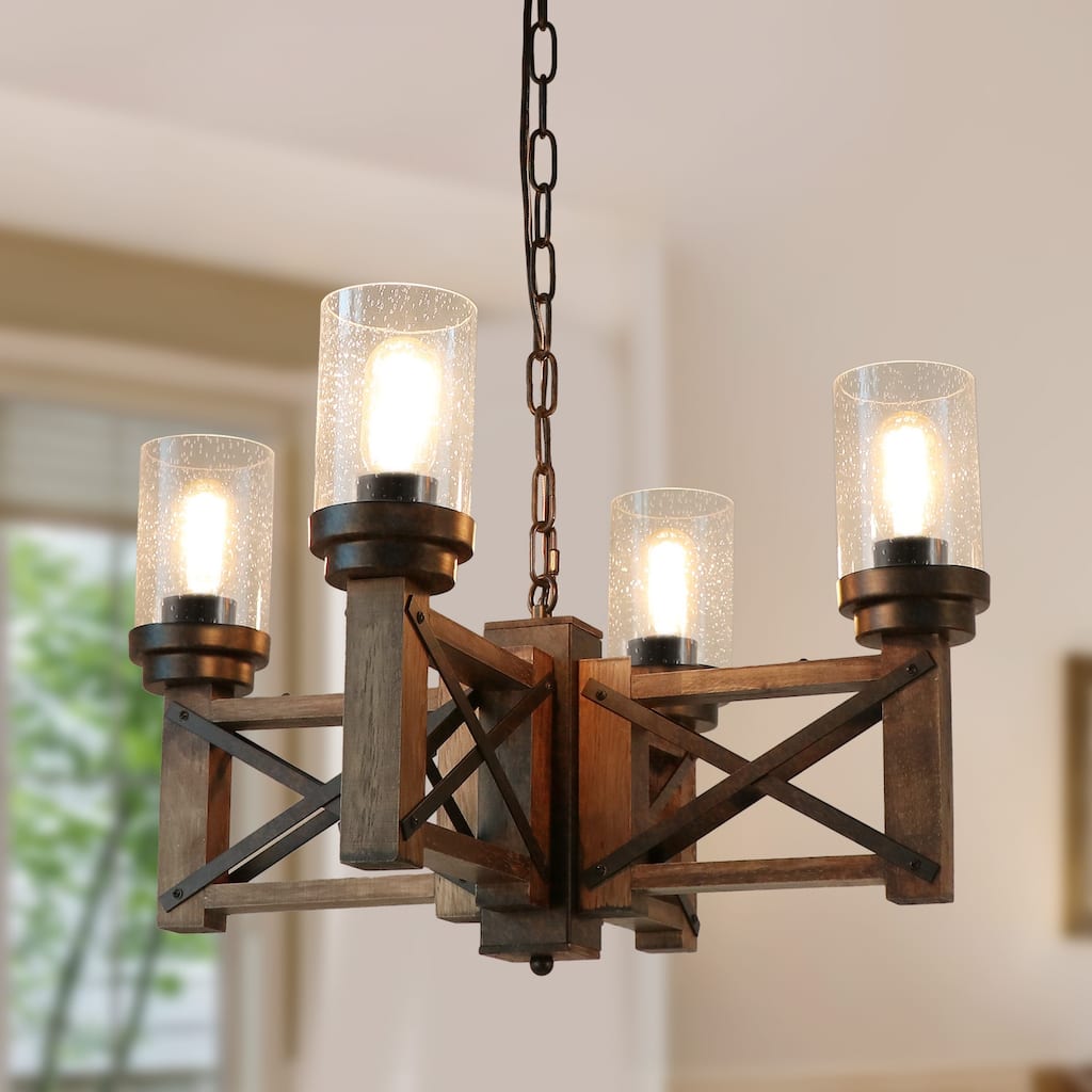 Anmytek Modern Farmhouse 4-Light Wood Wagon Wheel Chandelier Glass Pendant Lights for Dining Room - 22.8" D x 14" H