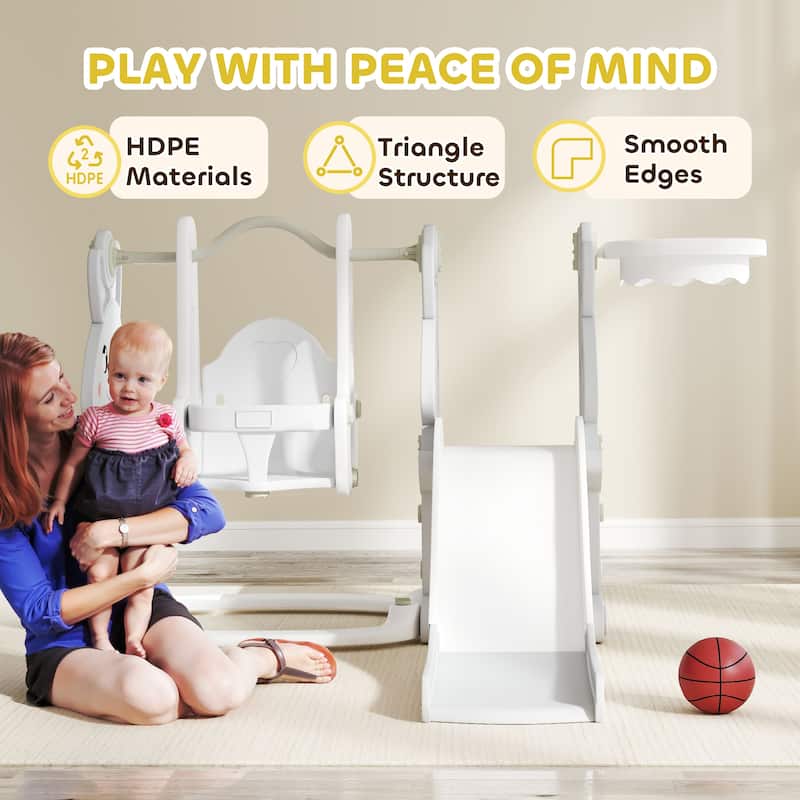 Gray 4 in 1 Kids Playset with Slide Swing Climber and Basketball Hoop for Toddlers 18 to 48 Months - 58.1" L x 63" W x 42.1" H